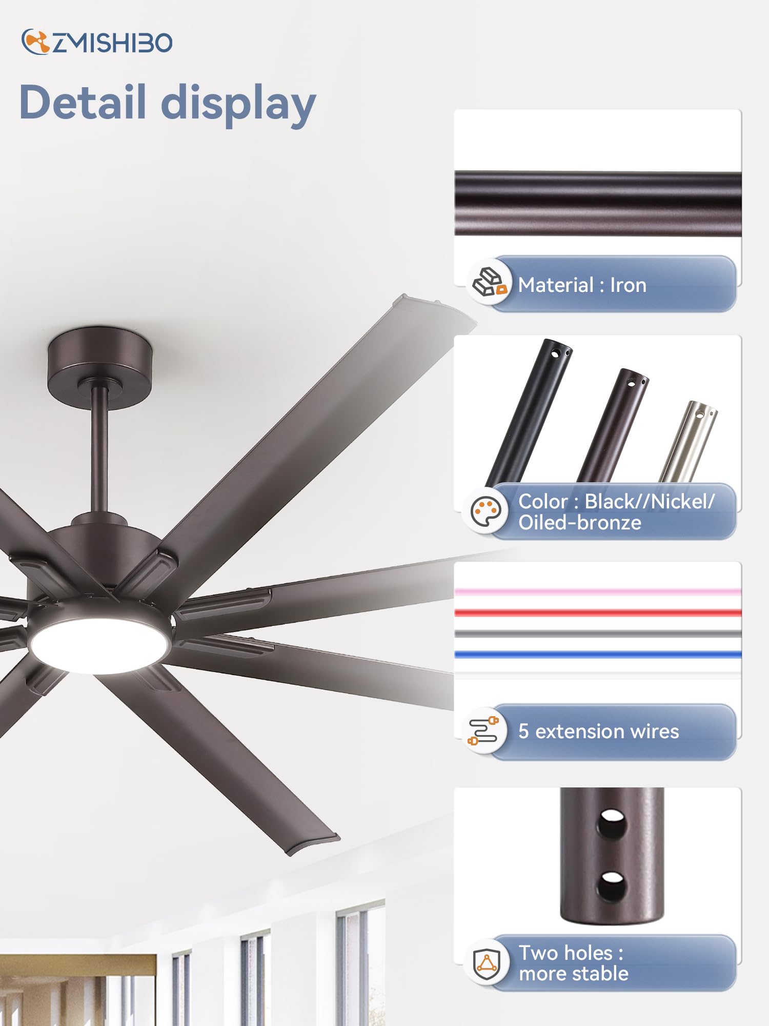 ZMISHIBO 36 Inch Ceiling Fan Downrod with Extension Cord, 1" Diameter and 36" Height Ceiling Fan Extension Rod with Wires, Downrods Extension for Most of Ceiling Fans, Oil Bronze, Not Threaded
