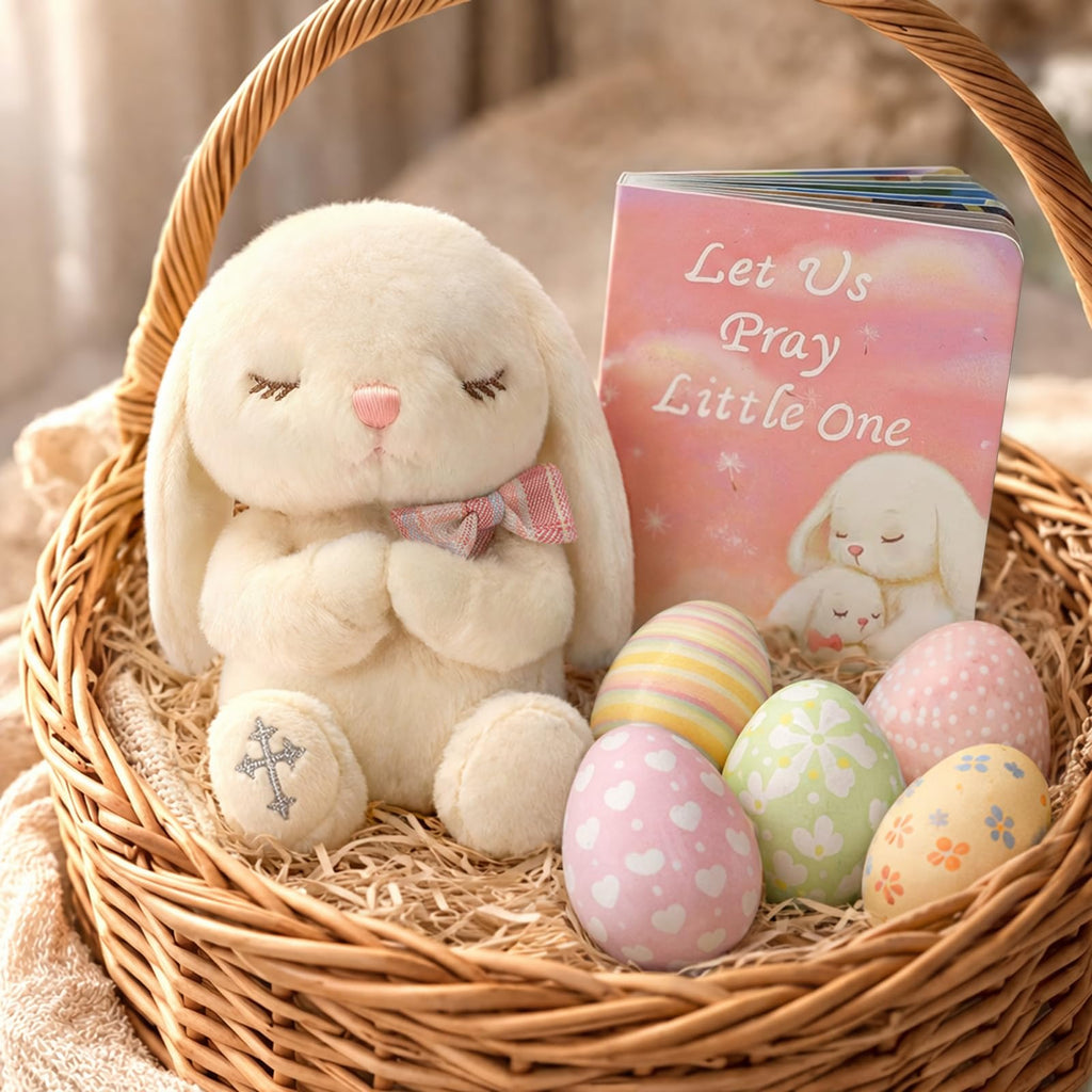MyMateZoe Baptism Gifts for Girl, Great Christening, Dedication and Baptism Gift Set for Girl and Newborn Baby, Includes 7" Praying Bunny Plush Toy and Let Us Pray Baby Book in Keepsake Gift Box