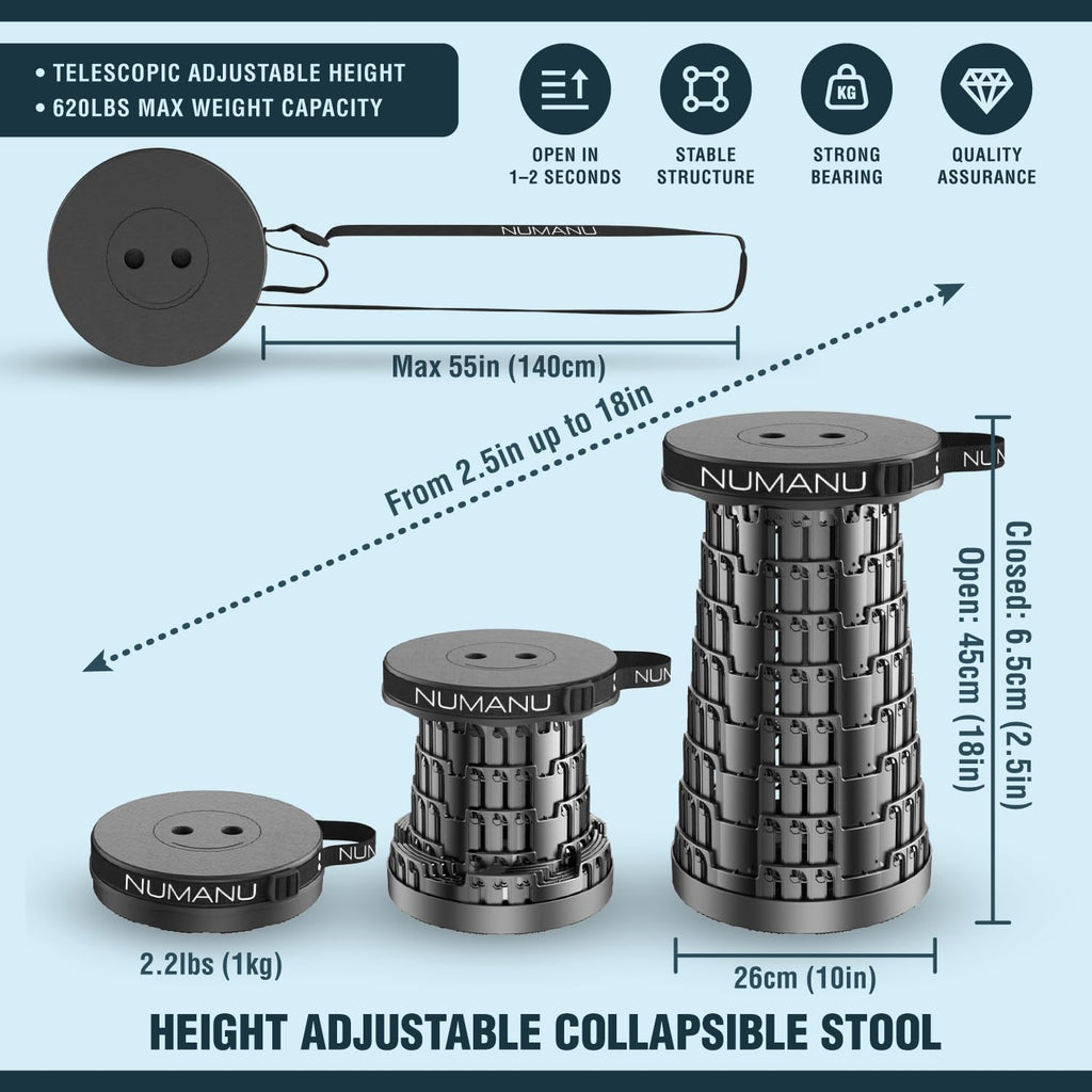 NUMANU Collapsible Stool - Upgraded 2026 Design, Max 620lbs, 18" H Adjustable Portable Folding Seat