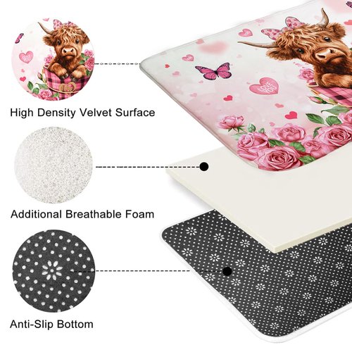 Valentines Shower Curtain Set Red Floral Sweet Love Hearts Shower Curtain with Non-Slip Bath Rugs, Toilet Lid Cover Cute Highland Cow Valentines Bathroom Decor Set (Pink, 72"W x 72"L (Pack of 1))