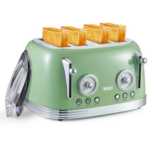 Wiltal 4 Slice Toaster, Retro Green Toaster, Bagel, With Stainless Steel Lid. Reheat, Defrost and Cancel Functions, Countdown Function, 6 Browning Levels, Stainless Steel Material, TR03