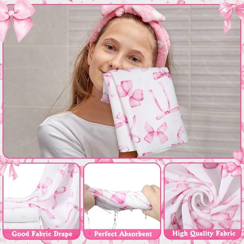 FuWeave 8-Piece Pink Bow Shower Curtain Set - Cute Coquette Bathroom Decor with Towels, Bath Mat & Hooks