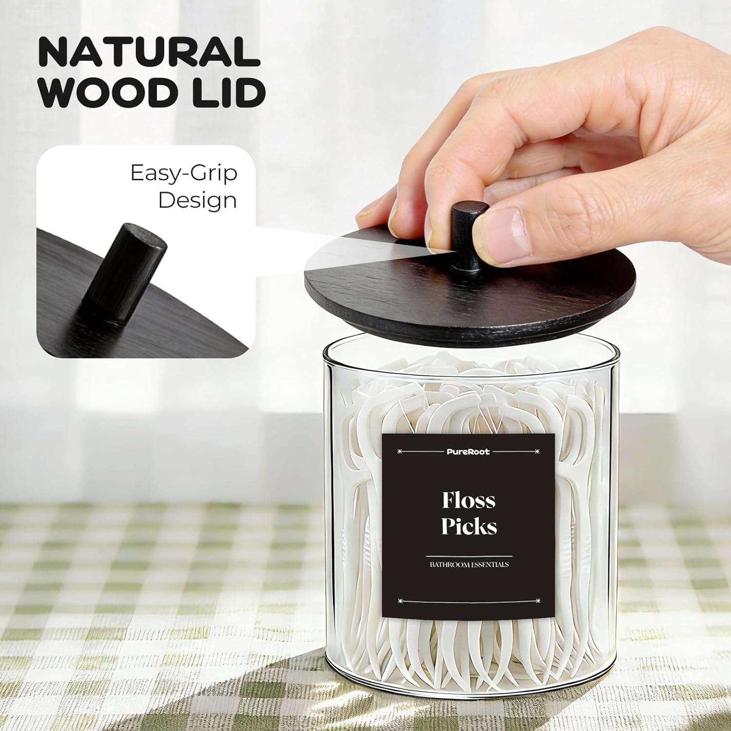 Skiennix Glass Qtip Holder Dispenser Set - 15oz & 10oz Cotton Swab Storage with Black Wooden Lids | Bathroom Organizer (2 Pack)