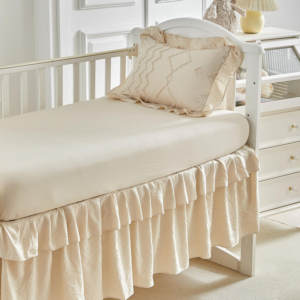 AIKASY The Ruffled Shabby Crib Bedding Set for Girls, Baby Quilted Comforter with Fitted Sheet, Bed Skirt, and Pillowcase.