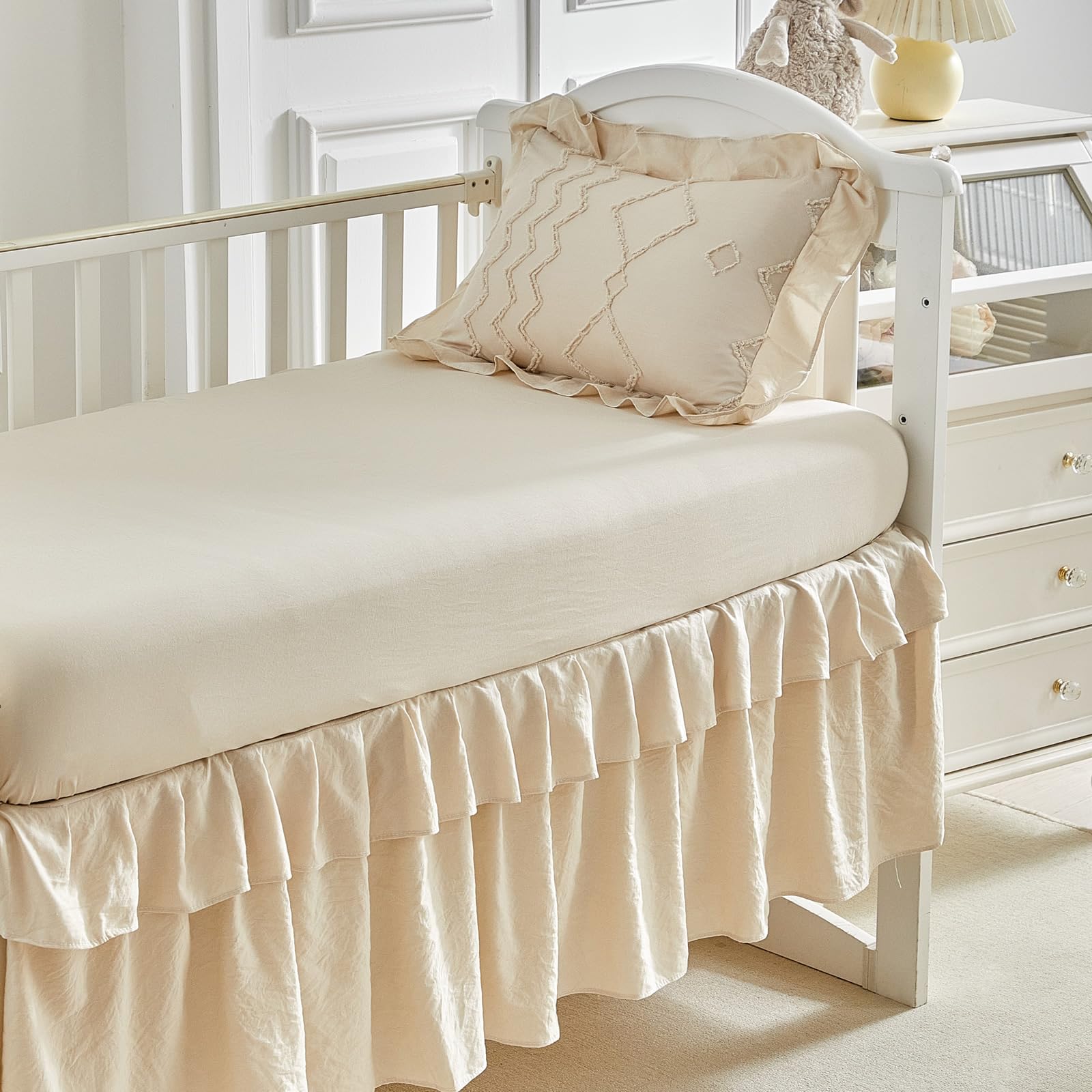AIKASY The Ruffled Shabby Crib Bedding Set for Girls, Baby Quilted Comforter with Fitted Sheet, Bed Skirt, and Pillowcase.