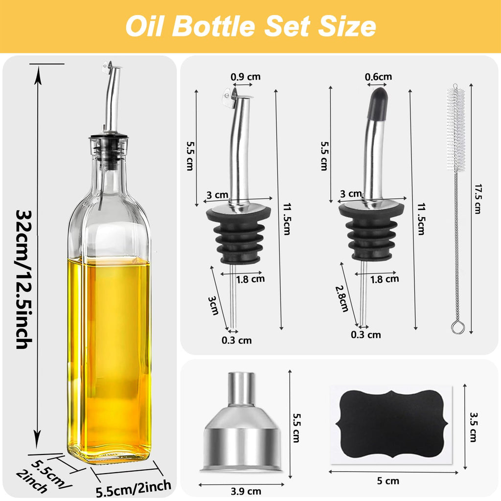 WEILAIDI Olive Oil Dispenser Bottle, 1 Pcs Glass Oil and Vinegar Dispenser Set with 2 Stainless Steel Pourers, 2 Labels,1 Brush and 1 Funnel Oil Bottles for Kitchen (17oz/500ml)