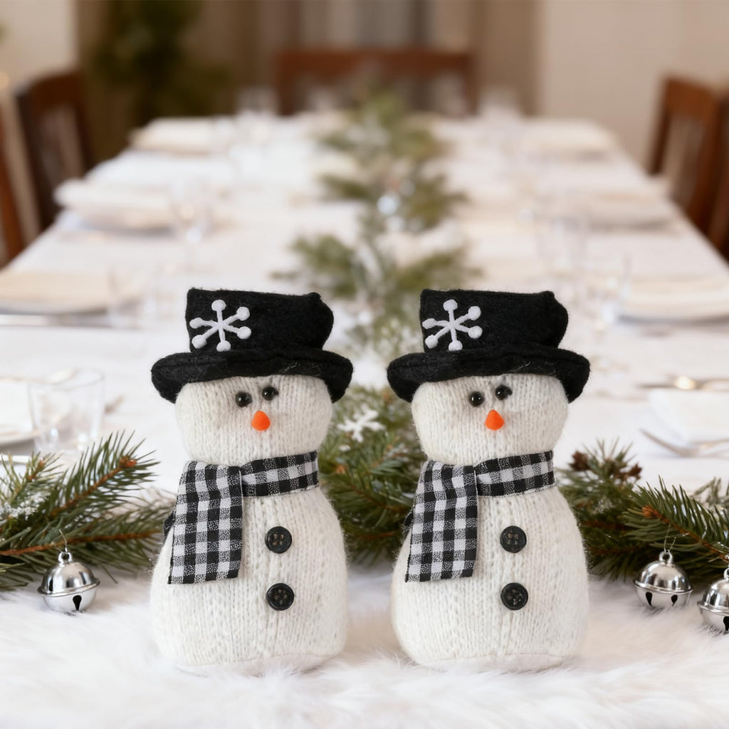 SmoothNovelty 2 Pcs Winter Snowman Plush Toys 6'' Snowman Figurines with Black and White Checkered Scarf Christmas Snow Man Table Centerpieces for Holiday Winter Home Table Fireplace Decor