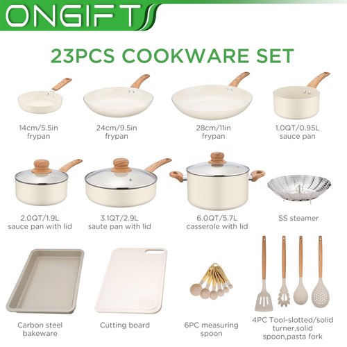 ONGIFT 23 Pcs Pots and Pans Set Nonstick, Kitchen Cookware Sets, with Frying Pan, Saucepan, Saute Pan, Lightweight Cooking Set with Stay-Cool Wood Print Handles, NO PFAS and PFOA, Light Wood