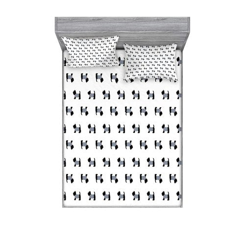 Ambesonne Scottie Dog Fitted Sheet & Pillow Sham Set, French Style Dressed Breeds in Sailor Tshirt Upside Down Pattern, Decorative Printed 3 Piece Bedding Decor Set, Full, Black Blue