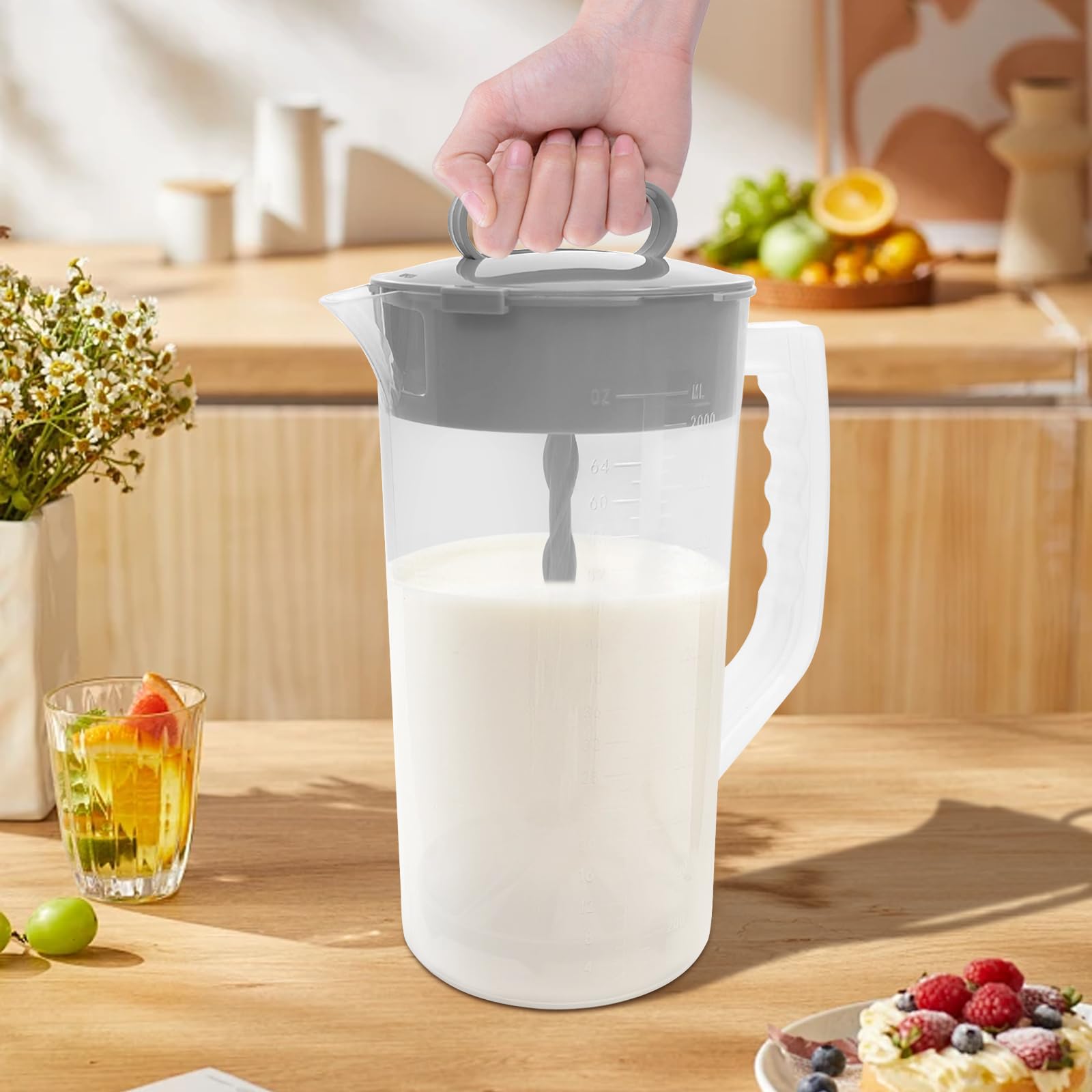 1 Pack Mixing Pitcher for Drinks, 2 Quart/ 64oz Plastic Water Pitcher with Lid，Easy-Mix Juice Container，Angled Plastic Blades and Adjustable Mixer Plunger for Mix Juice, Milk,Tea, Beverage Container…