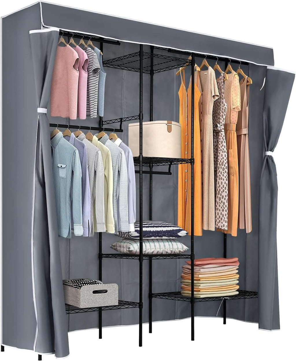 PayLessHere Metal Garment Rack - Adjustable Portable Closet with 4 Hanger Rods & 7 Shelves, Black