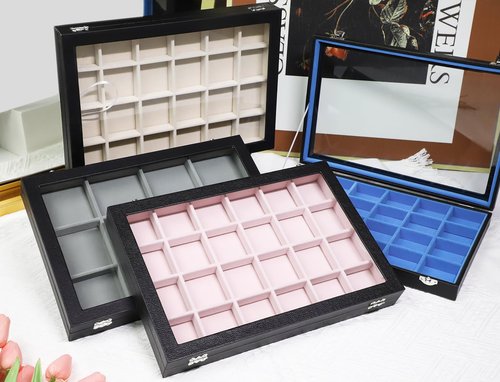 Stratalife Jewelry Organizer 40 Grid Beige Black Jewelry Tray with Clear Dust-proof Lid Velvet Earring Organizer Necklace Rings Holder Display Drawer Storage Case for Women