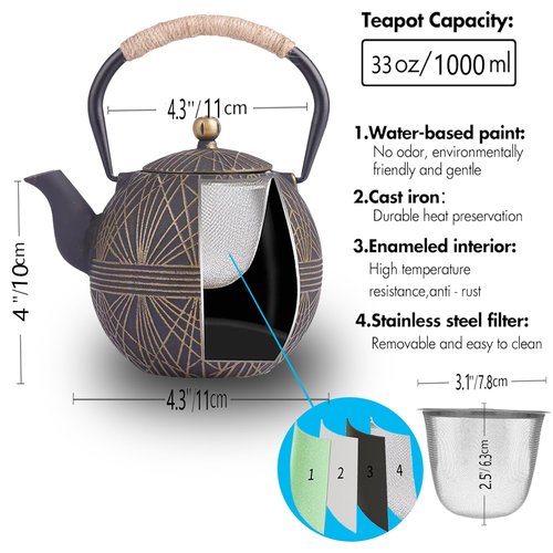 Enameled Cast Iron Teapot 34oz（1000ml） - Japanese Style Kettle with Removable Stainless Infuser & Ergonomic Handle, Stovetop Safe for Loose Leaf Tea Green and silver (Black Gold)