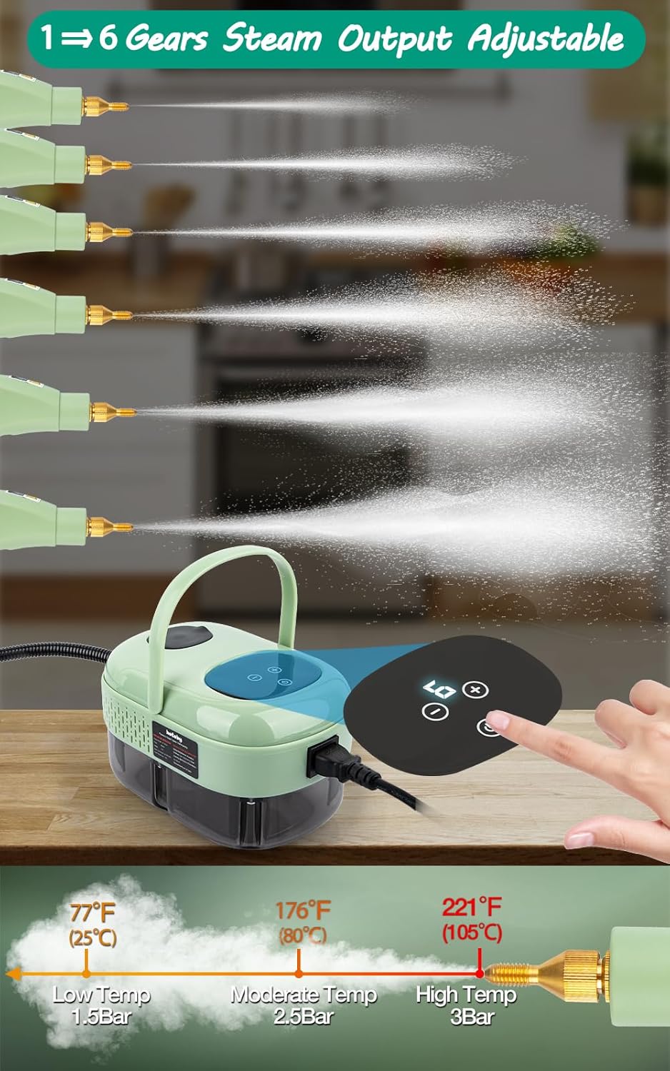 Skiennix Steam Cleaner - 2500W High Pressure Handheld Steamer with 6 Adjustable Gears | Portable for Home, Kitchen, Bathroom & Car Detailing (Green)