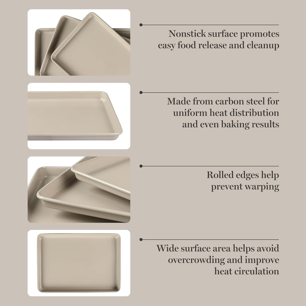 Martha Stewart Gallen 3-Piece Baking Sheet Set - Nonstick Ceramic Pans, Oven Safe to 450°F | Taupe, Warp-Resistant