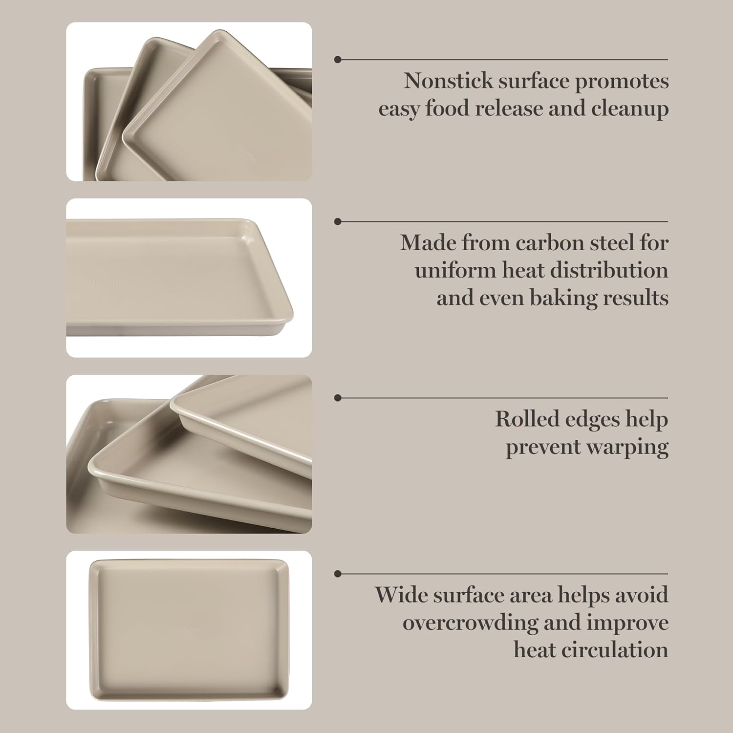 Martha Stewart Gallen 3-Piece Baking Sheet Set - Nonstick Ceramic Pans, Oven Safe to 450°F | Taupe, Warp-Resistant