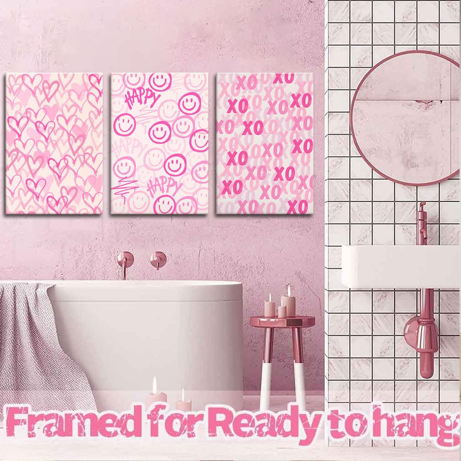 Simplicity Pink Wall Art Set of 3 - Heart Shaped Doodle Smiley XO | Modern Canvas Prints for Girls' Bedroom - Framed 12x16 Inch