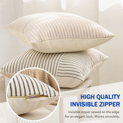 YCOLL Farmhouse Pillow Covers 18x18, Modern Accent Square Throw Pillow Covers Set of 2, Olive Green and Beige Striped Patchwork Linen Decorative Cushion Covers for Couch Chair Bedroom Home Decor