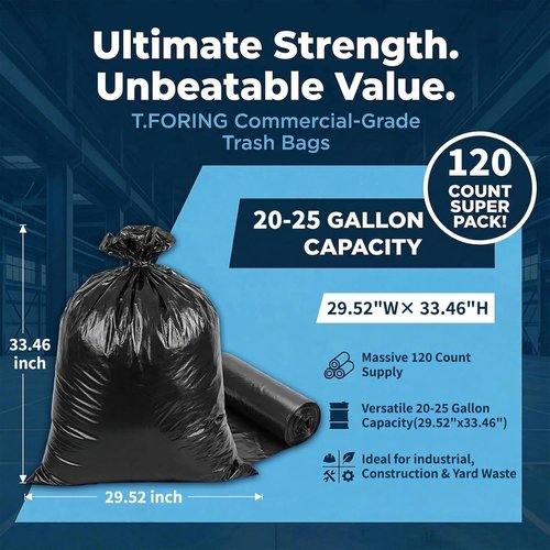 Black Trash Bags - 20-25 Gallon Large Kitchen Garbage Bags | 120 Count, Unscented, 30" x 33" Size