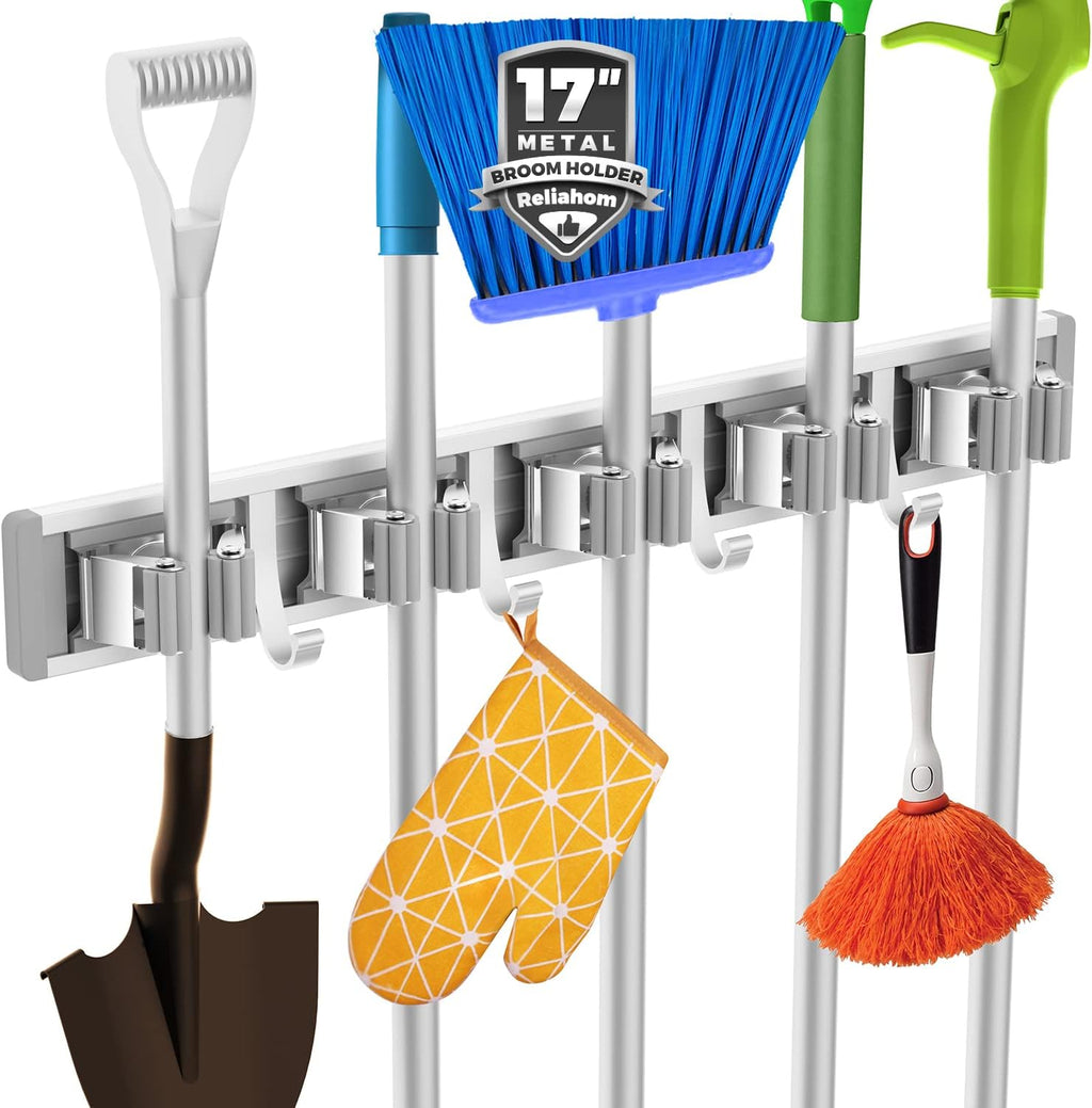 Reliahom Broom Holder Wall Mount - 5 Racks & 4 Hooks for Garage, Kitchen, Garden & Laundry