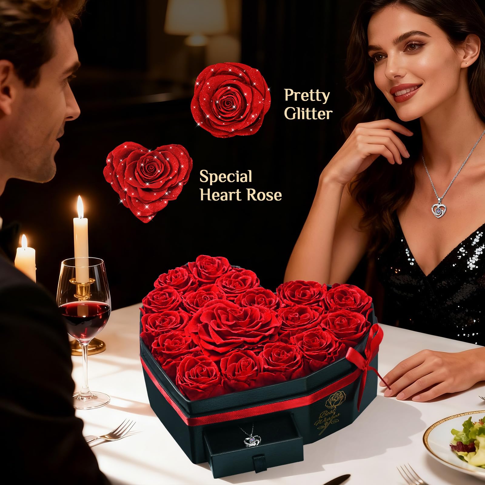 MARTINE MALL 17 Forever Flowers for Delivery, Mothers Day Birthday Gifts for Women Mom Glitter Preserved Real Roses in a Box Gifts for Girlfriend Wife Lasting Eternal Flowers with Necklace, Red