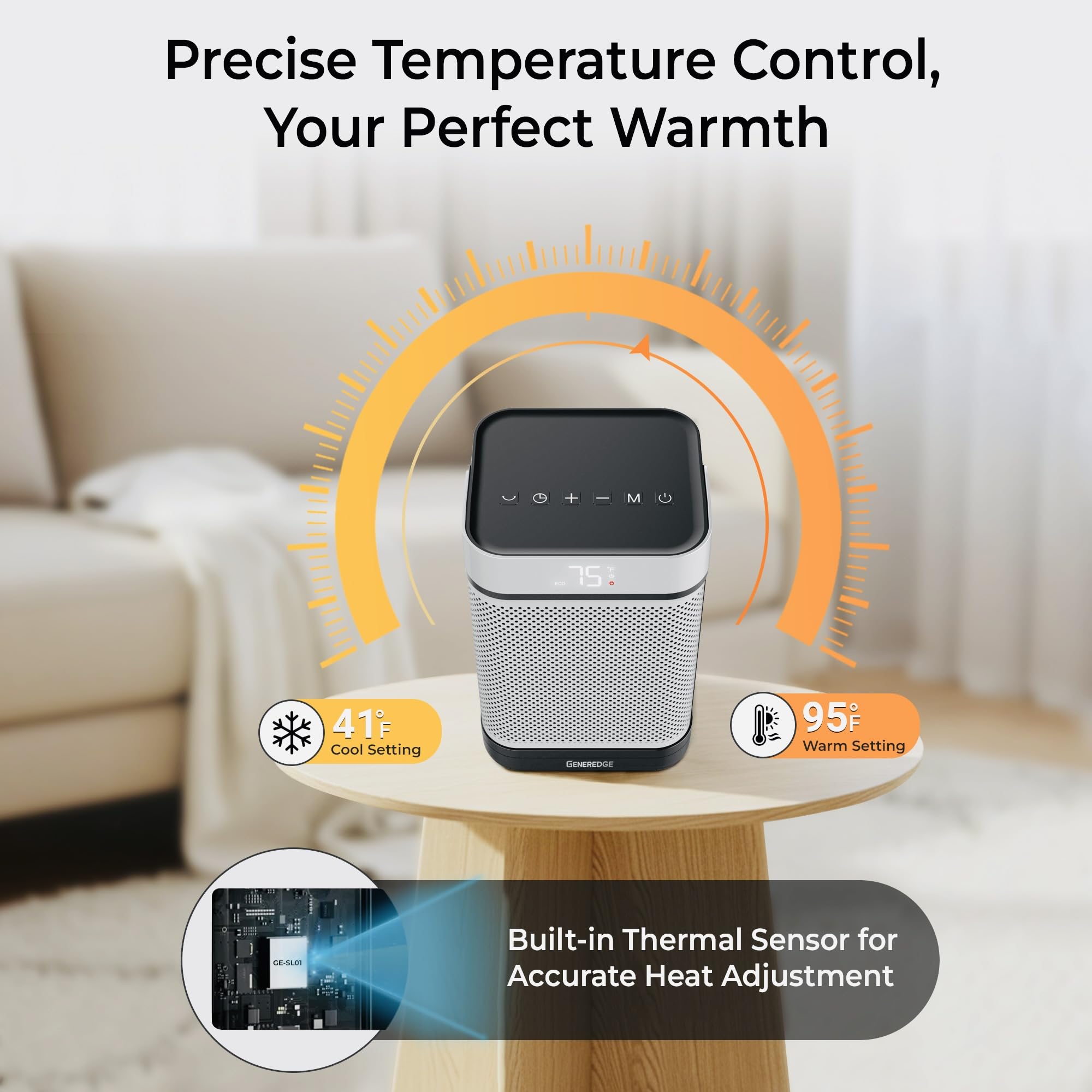 GENEREDGE Portable Space Heater for Indoor Use - 1500W PTC Electric Heater with Digital Thermostat, Remote Control, 80°Oscillation, Timer, Fan & Quite Eco Mode, Rapid and Safe Heating for Bedroom
