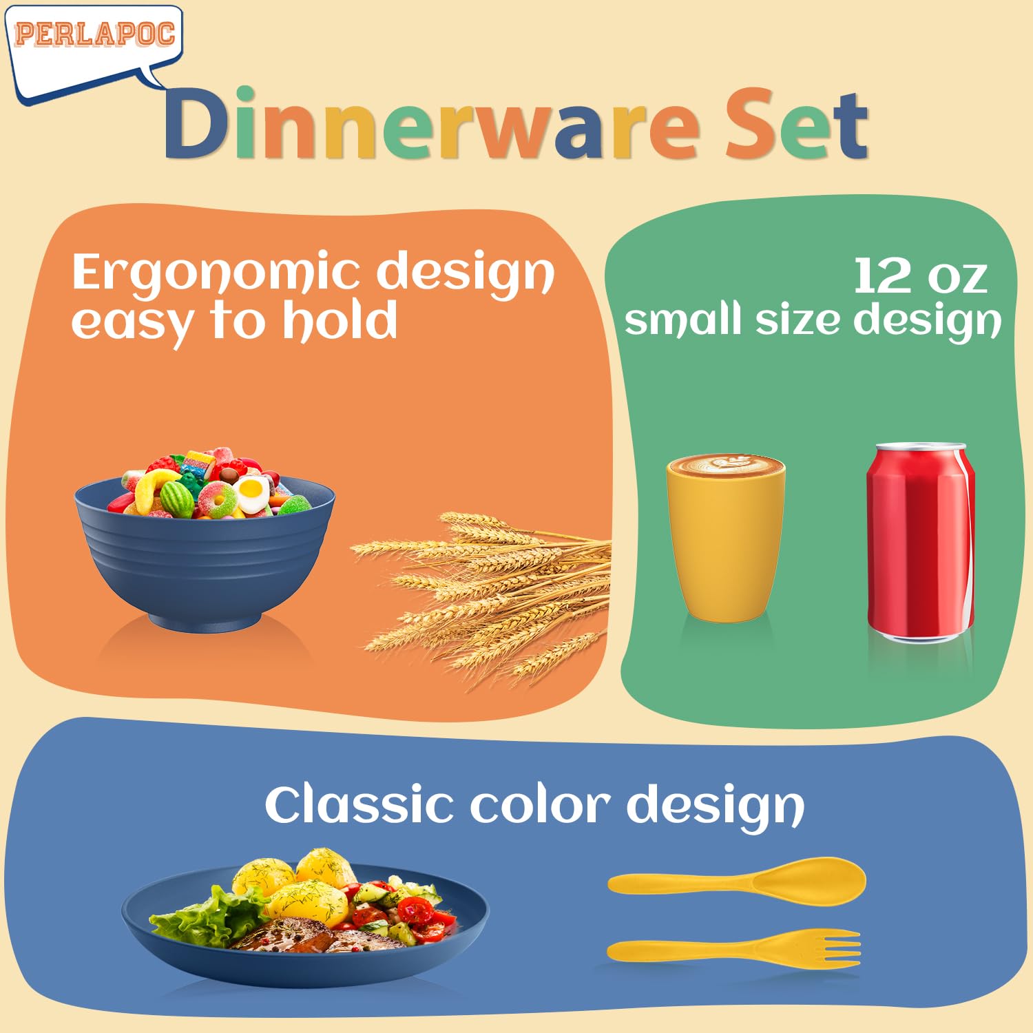 Perlapoc Wheat Straw Dinnerware Sets, 20 PCS Service for 4, Dishwasher & Microwave Safe Kids Plates and Bowls Sets, Unbreakable Lightweight Outdoor Camping Dishes - Multicolor