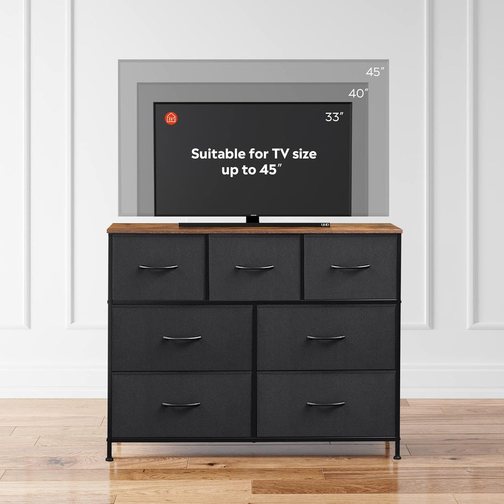 WLIVE 7 Drawer Dresser - Stylish TV Stand & Media Console for TVs Up to 45 Inches | Black & Rustic Brown