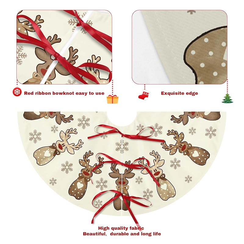 Reindeer Snowflakes Christmas Tree Skirt 36 Inch – Cream Brown Polka Dot with Heart Bow (Variation: Reindeer Snowflakes+36 Inch)