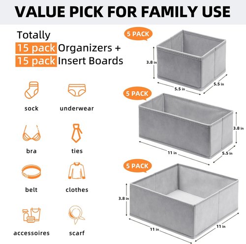 Criusia Drawer Organizers - 15 Pack Foldable Fabric Storage Bins for Baby Clothes & Adult Socks | Grey