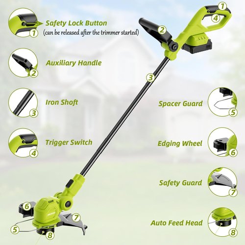 JAGROM 12-Inch 20V Cordless String Trimmer - Auto Line Feed, 2 Batteries & Charger Included