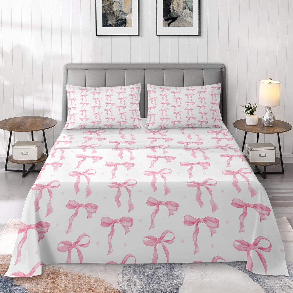 Zzzboro 4 Pcs Fitted Sheet Set Queen Size, Cute Coquette Pink Bow Bowknot, Bed Decor Sweet Themed Elegant Girly Baby Bedroom Sets Pillowcase Bedsheet Bedding Flat Sheet for Kids and Adults