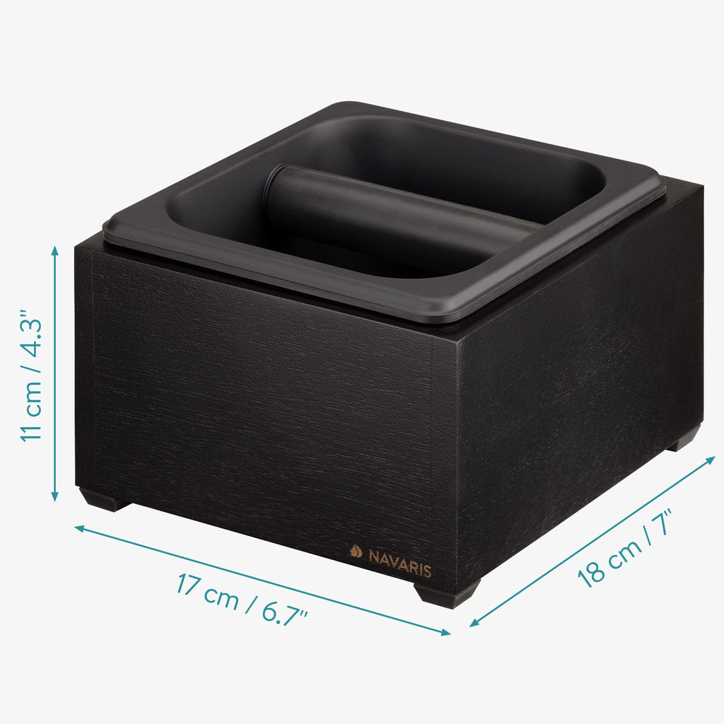 Navaris Coffee Knock Box - Stainless Steel and Wood Bin for Espresso Machine Coffee Grounds - With Silicone Bar for Knocking Filter Grinds - Black