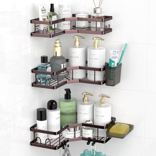 AKTECKE Corner Shower Caddy Organizer - Adhesive No-Drill Rack for Bathtub | 3-Pack Rustproof Shelves