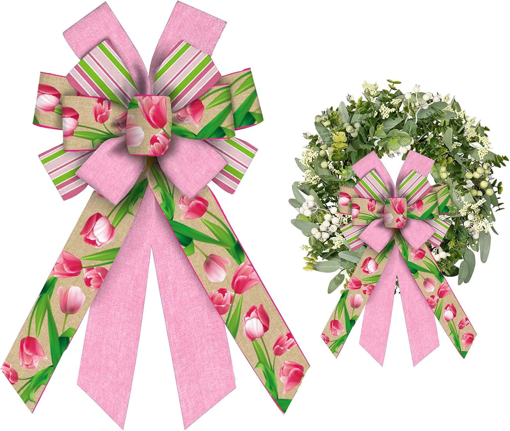 ALIBBON Large Spring Bows - Pink Tulip Wreath Bows for Front Door Decor | Indoor & Outdoor Burlap Design