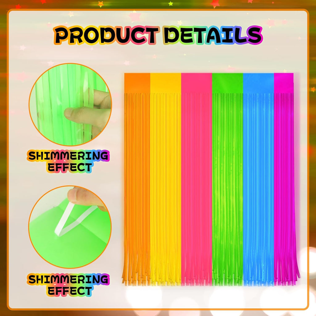 Skiennix Glow In The Dark Curtains - Colorful Tinsel Foil Fringe Backdrop | 6.6 x 3.3 Ft Party Decor