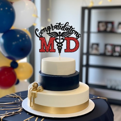 Congratulations MD Cake Topper - Black & Red Glitter Graduation Decoration for Medical School