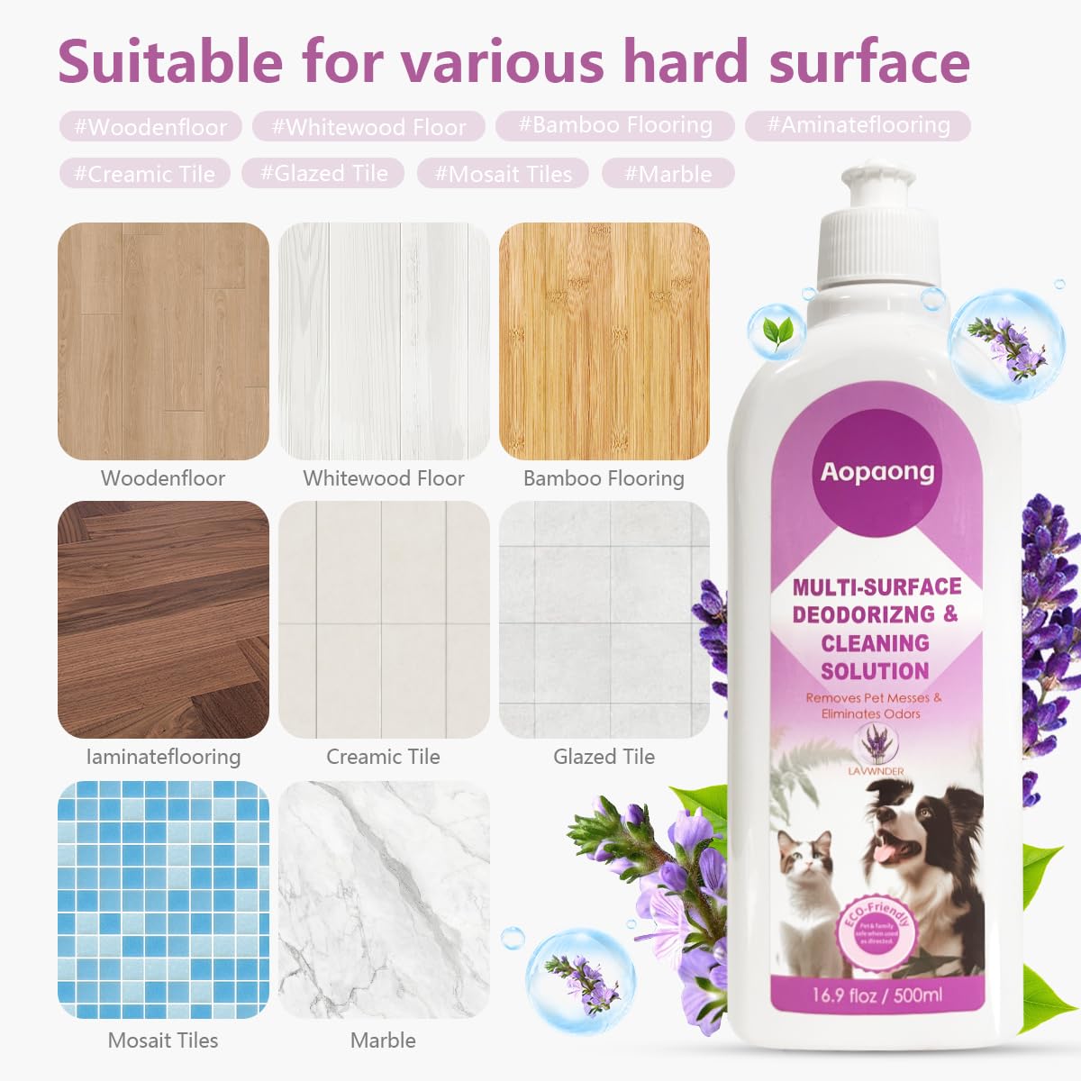 Aopaong Multi-Surface Floor Cleaning Solution, Lavender Scent, Compatible with Roborock, eufy, Dreame, iRobot Roomba Robot Vacuums and Mops, Cordless Wet/Dry Vacuums and WetJet Mops, 16.9 fl oz ×2