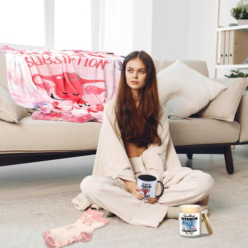 Breling 4 Pcs Funny Hysterectomy Recovery Gift Set for Women Funny Ceramic Mug Flannel Throw Blanket Crew Socks Candle Post Uterus Surgery Care Package Gift Basket