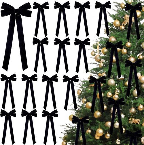 JOICEE Black Velvet Bows - 15 Pcs 5in x 12in Rustic Christmas Tree & Wreath Decor