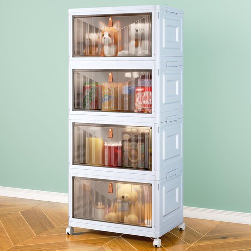 4 Tier Stackable Storage Bins by [Brand Name] - 23 QT Plastic Organizers with Lid & Wheels | Grey Foldable Containers for Home, Craft & Pantry