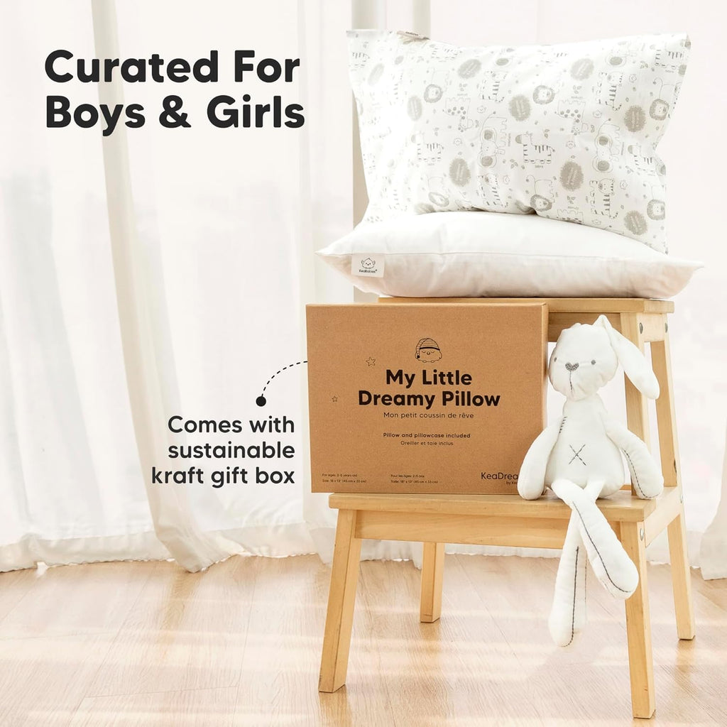 My Little Dreamy Toddler Pillow - Organic Cotton Travel Bed Pillow with Soft Pillowcase | 13x18, Machine Washable, Ideal for Ages 2-5 (Safari Echo)