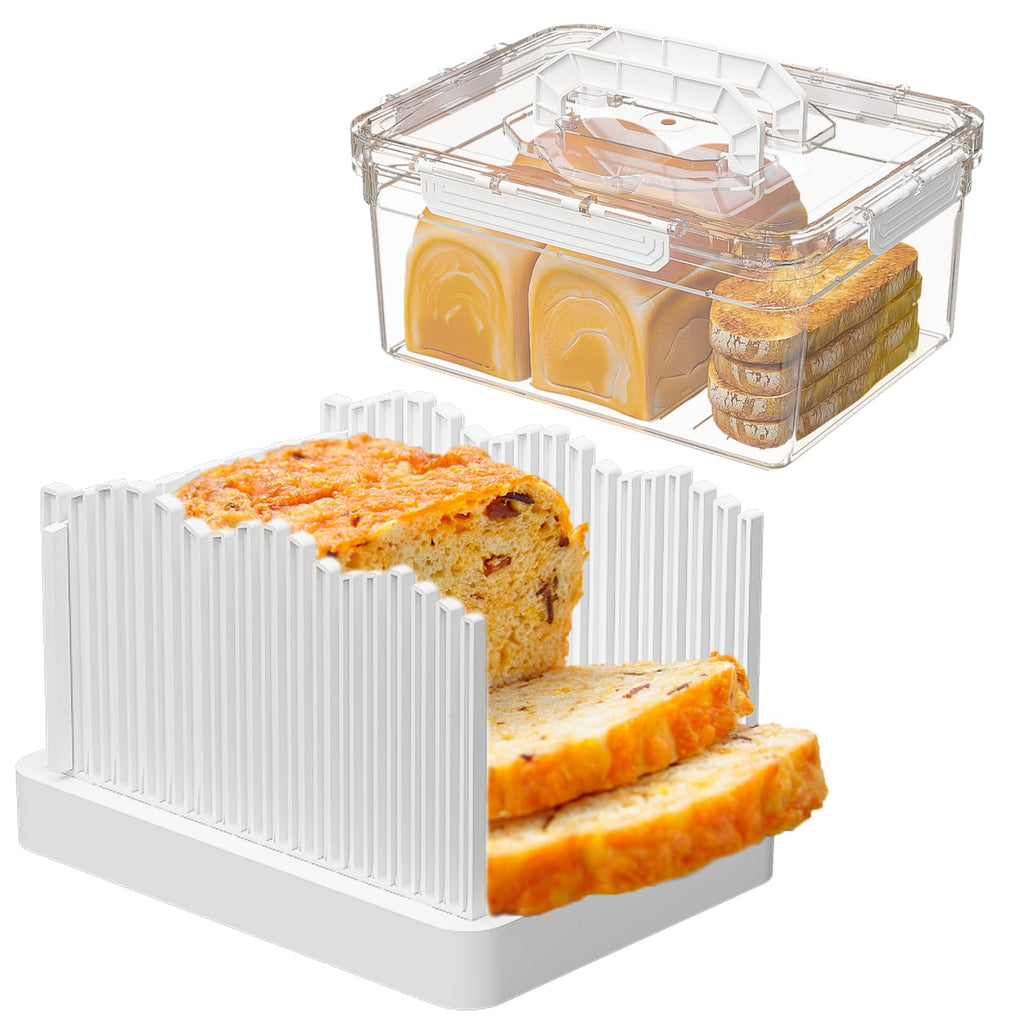 Sorgion 2-in-1 bread slicer and storage box with handle - plastic bread boxes for fresh keeping food storage containers with lids airtight for cake buns,White