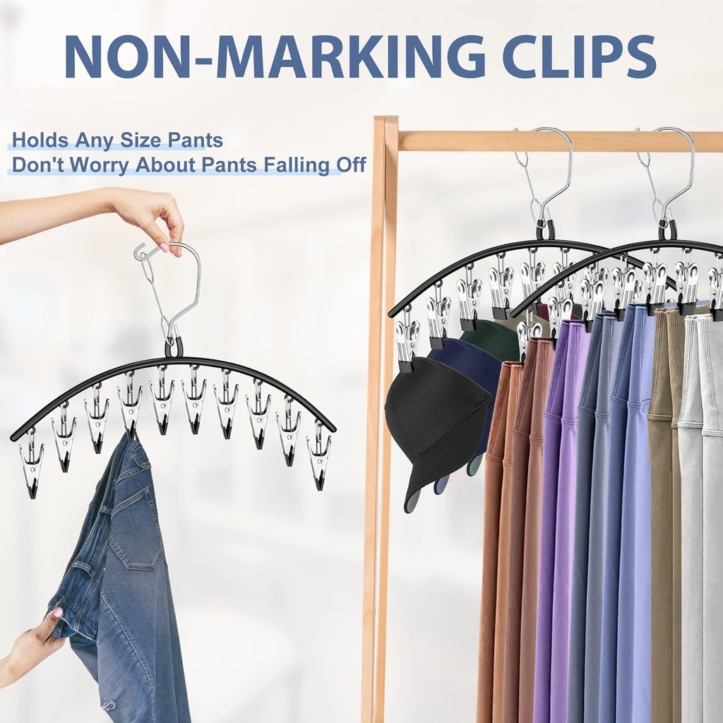 Skiennix 3-Pack Skirt Pants Hangers - Space-Saving Closet Organizer with 10 Clips for Leggings, Shorts, Jeans & Skirts - Black
