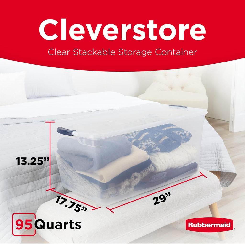 Rubbermaid Cleverstore 95 Qt Clear Storage Bins - Stackable, BPA-Free, 4-Pack, Made in USA