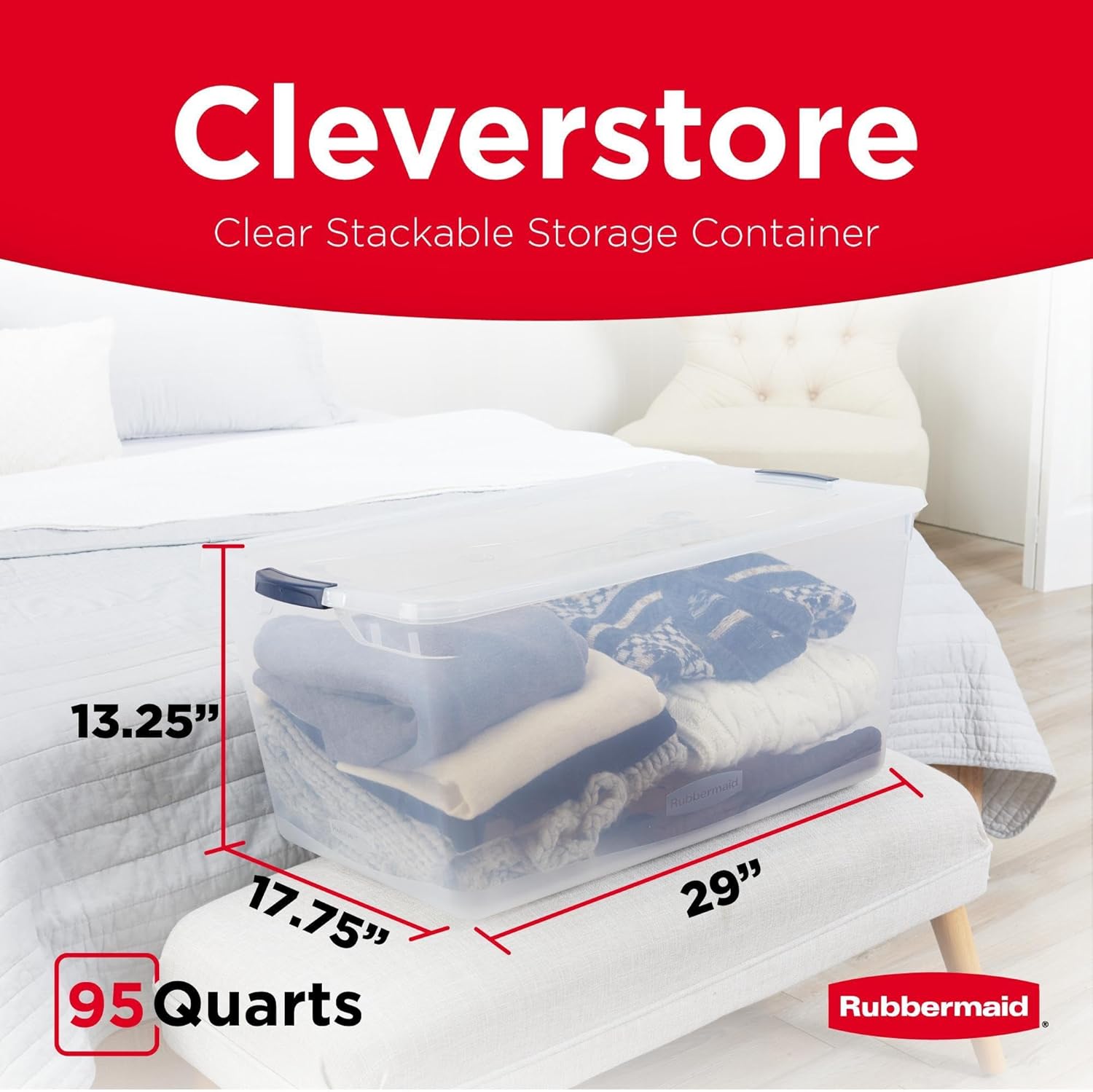 Rubbermaid Cleverstore 95 Qt Clear Storage Bins - Stackable, BPA-Free, 4-Pack, Made in USA