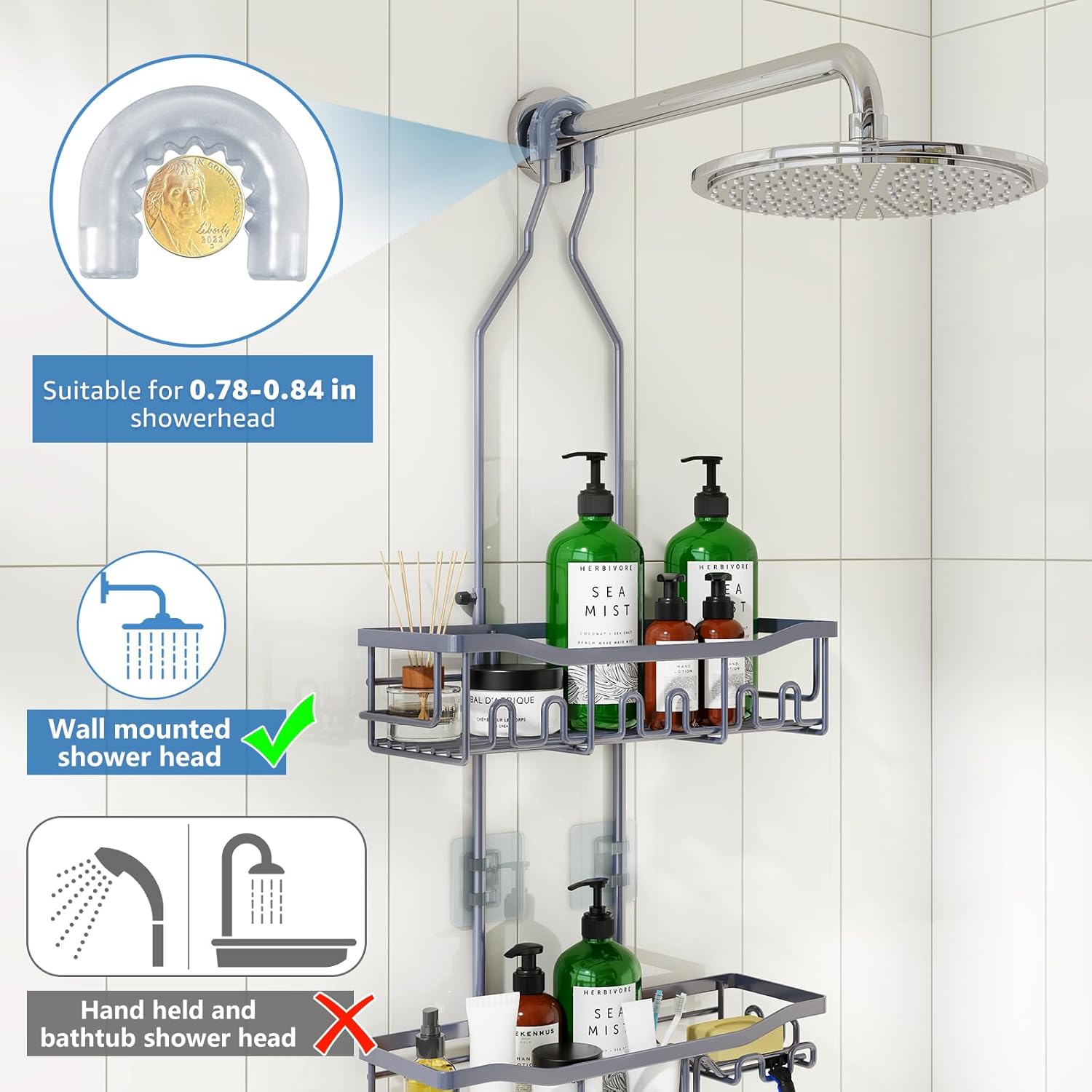 Regine Switzerland Shower Caddy - Rustproof Over Showerhead Organizer with Hooks | Large Size for Shampoo & Soap