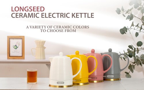 LONGSEED 1.26 Quarts Ceramic Electric Kettle with Infuser & Cups Kit, Boil Water Teapot, Boil-Dry Protection Auto Shut-off, Detachable Swivel Base, 1000W Fast Boiling for Tea and Coffee