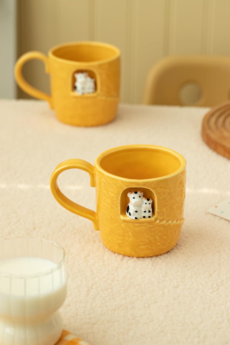 Dihoclub Yellow Parent-Child Cow Ceramic Coffee Mug — 14 oz Handcrafted Tea Cup with Window Sill Sculpture