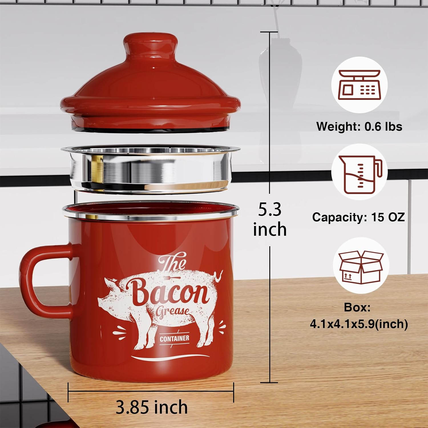 Skiennix Black Meat Chopper & 15oz Mini Red Bacon Grease Container - Durable & Stylish Kitchen Tool